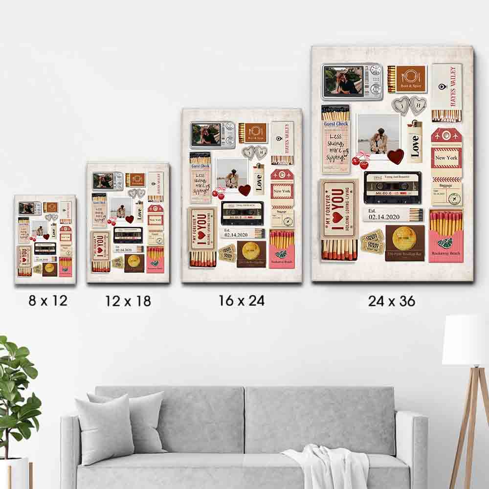 Custom Photo Romantic Couple Matchbox Art poster, size options shown on a sofa wall