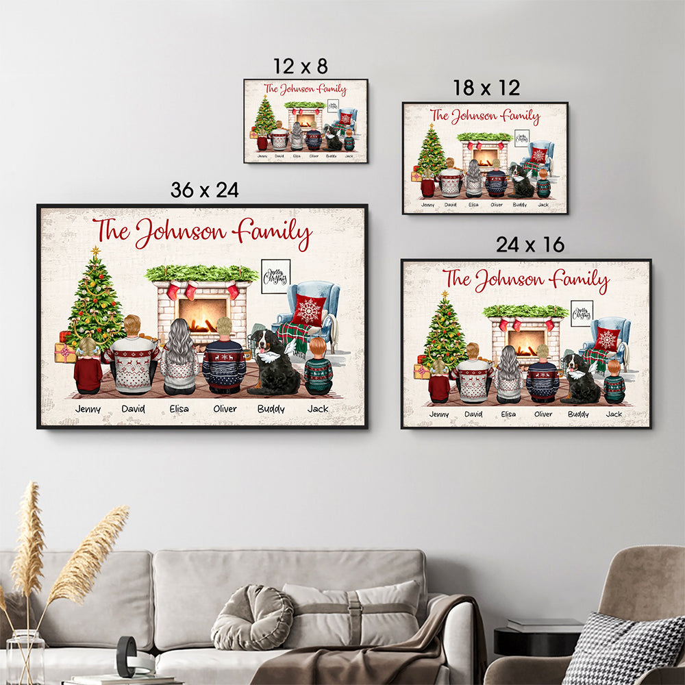 Personalized Christmas Family Back View Sitting Together poster, size options shown on a sofa wall