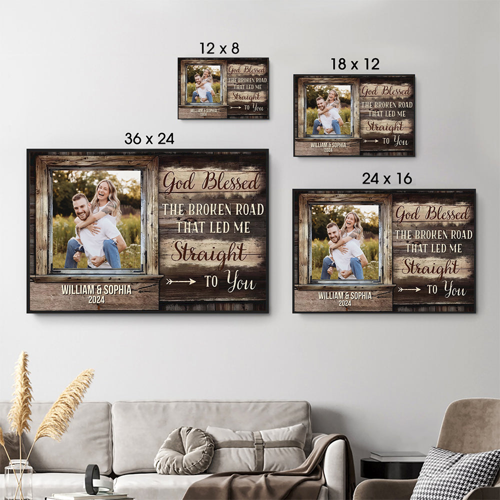 Personalized Custom Photo canvas print, size options shown on a sofa wall