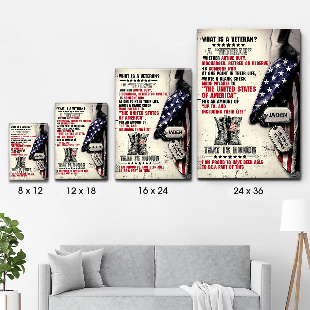 Personalized Name Proud Veteran poster, size options shown on a sofa wall