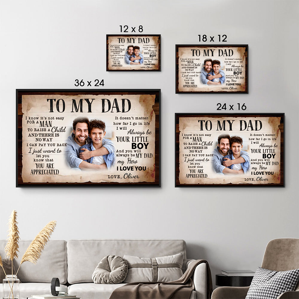Custom Photo To My Dad poster, size options shown on a sofa wall