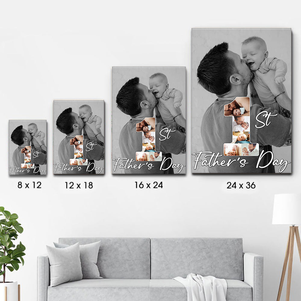 Custom Photo 1st Father's Day poster, size options shown on a sofa wall