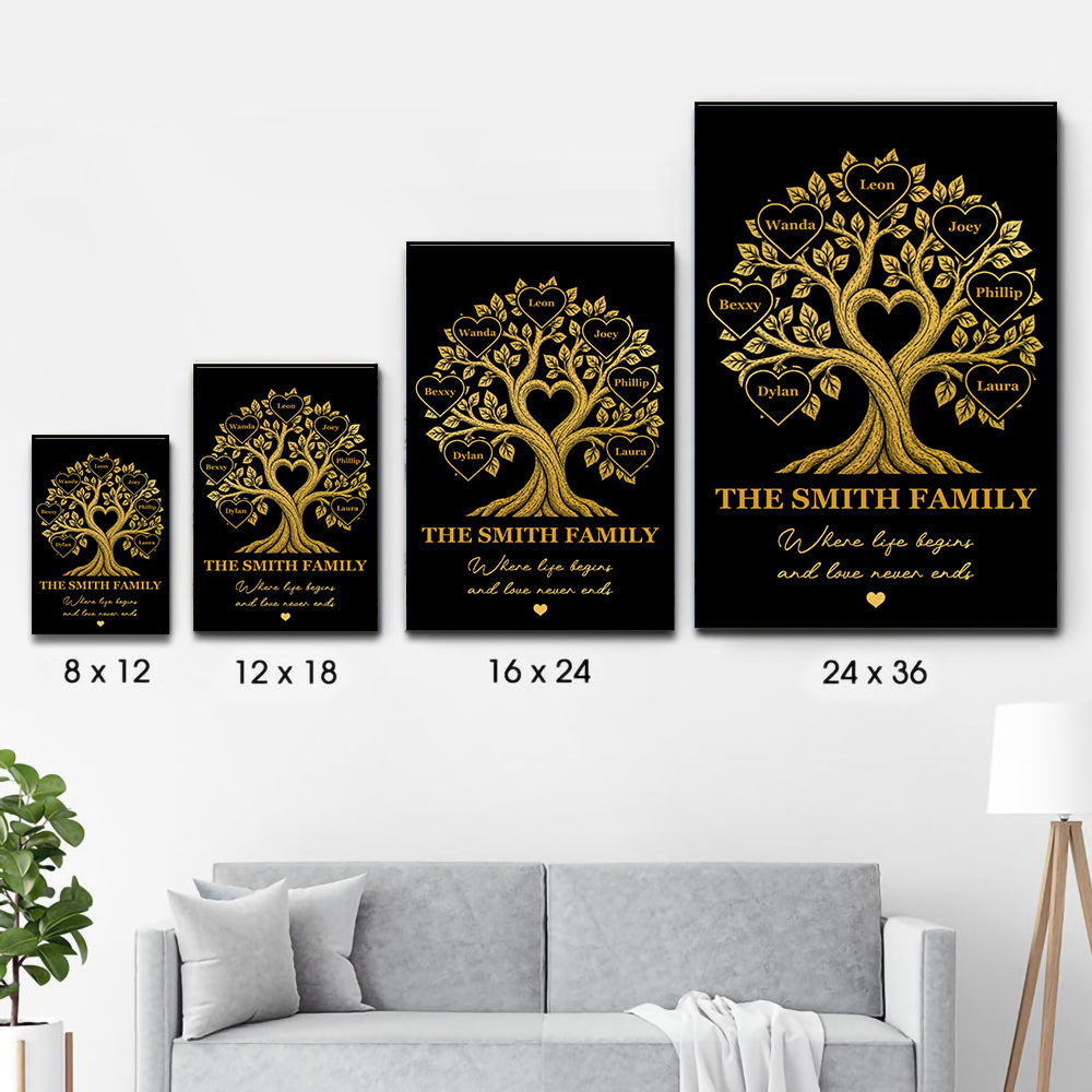 Family Tree With Names Where Life Begins And Love Never Ends - Personalized Poster/Canvas Prints - Gift For Family Members, Mom and Dad
