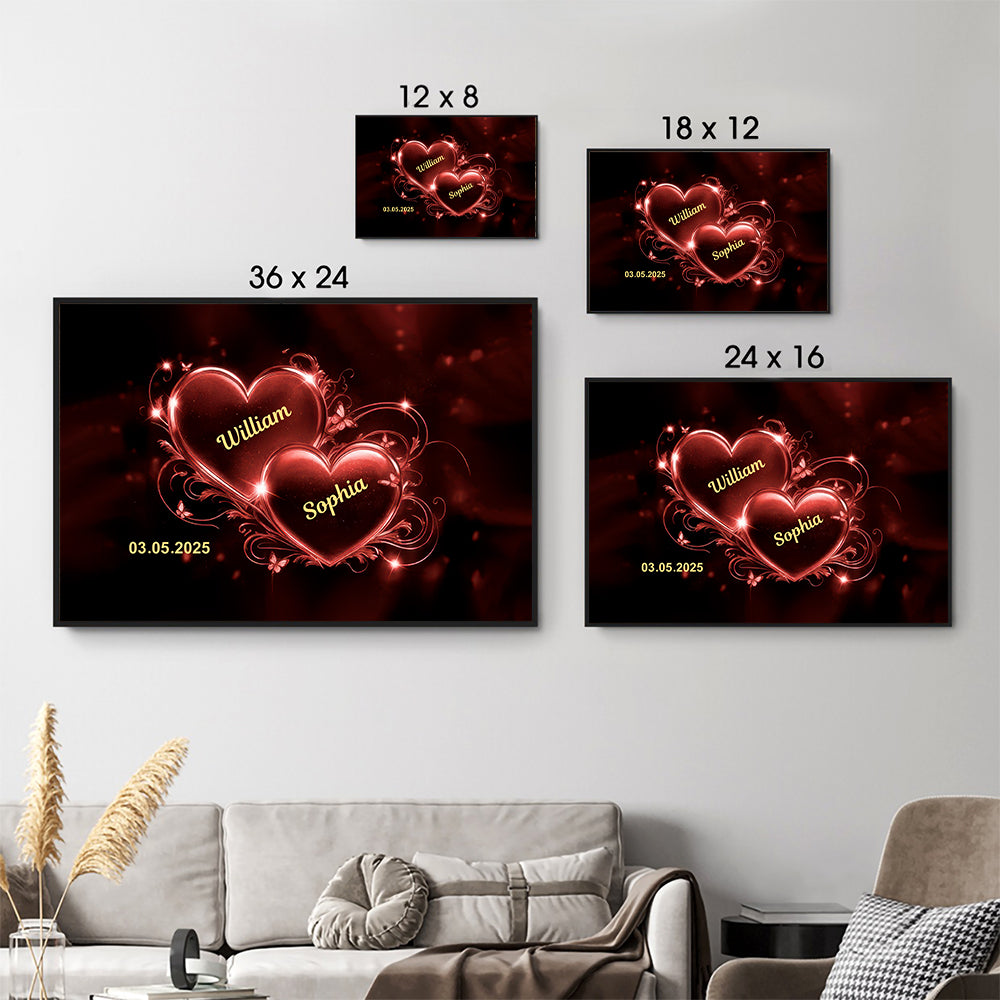 Personalized Romantic Couple Heart canvas print, size options shown on a sofa wall