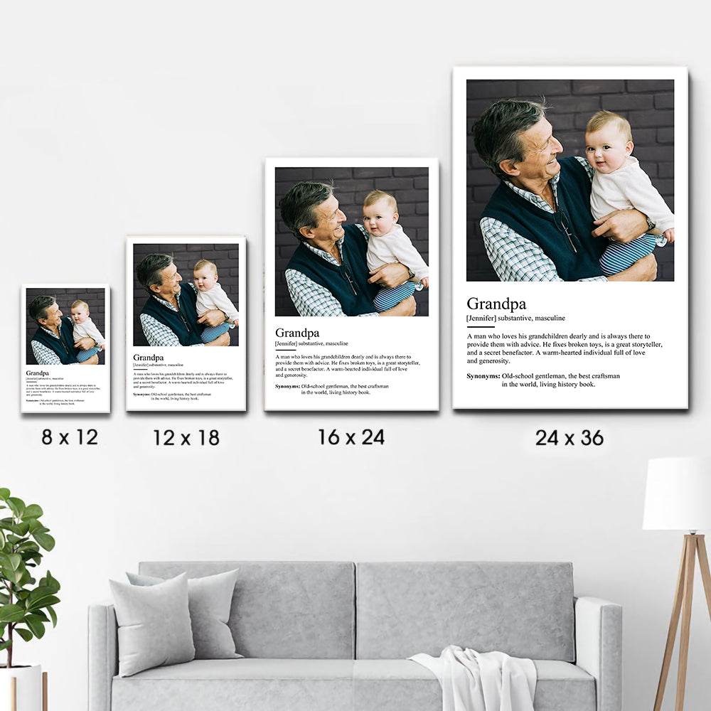 Custom Photo Grandpa Definition poster, size options shown on a sofa wall