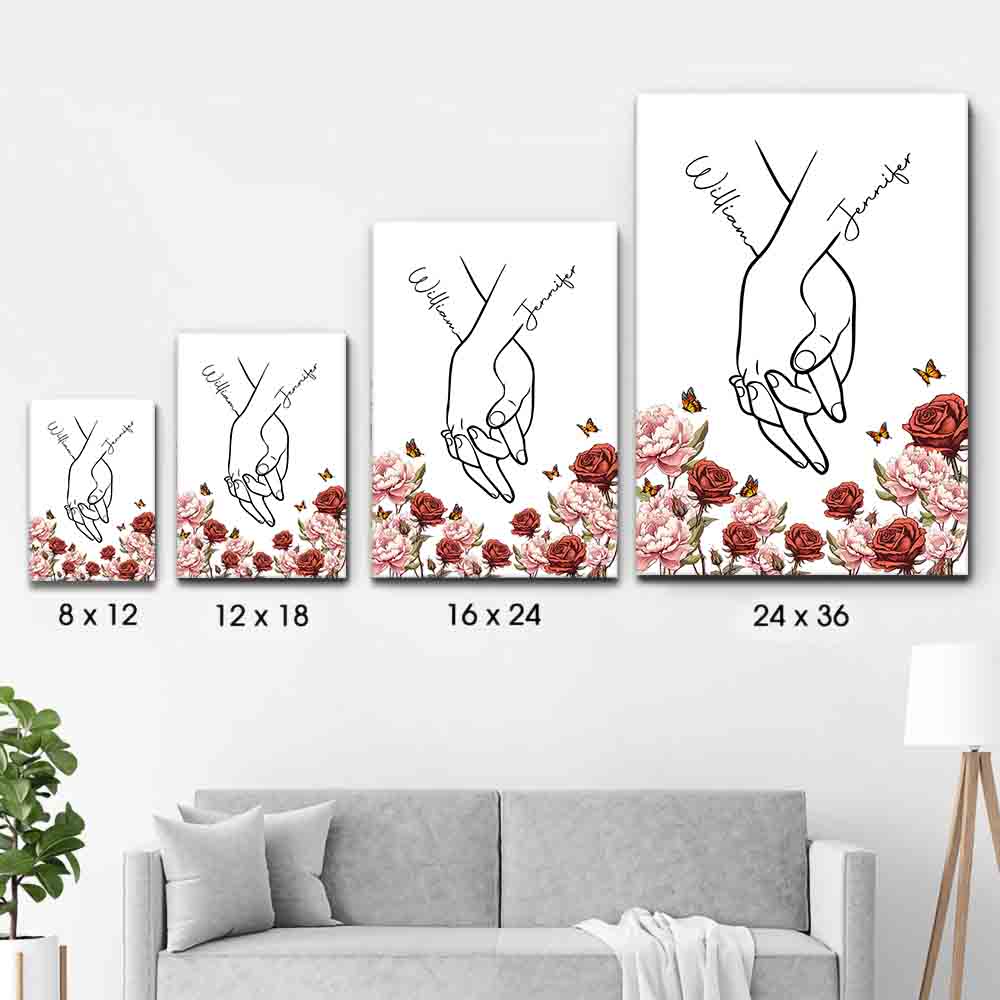 Personalized I Love You Couple Hand Print Birth Flower poster, size options shown on a sofa wall