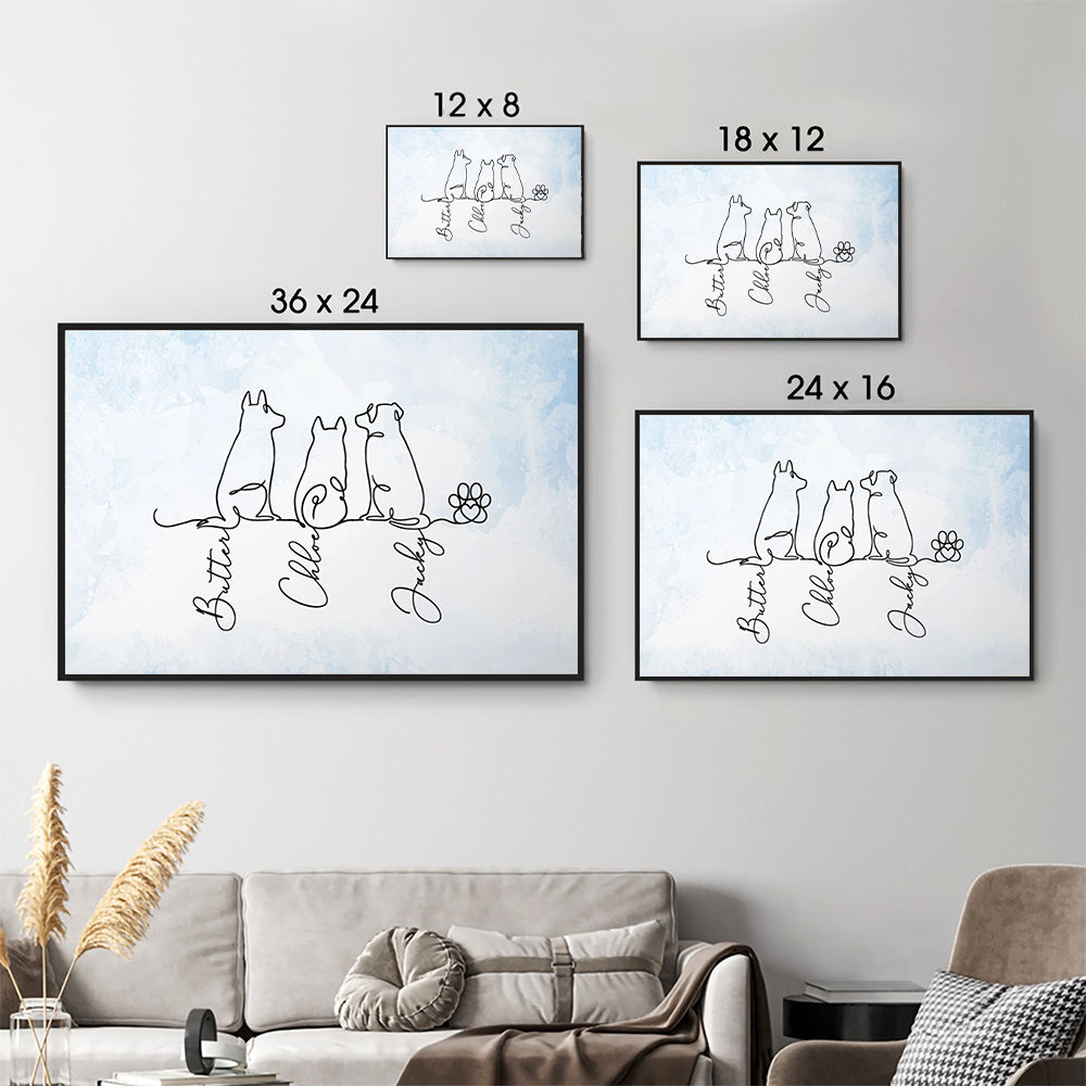 Personalized Adorable Dog Line Art poster, size options shown on a sofa wall