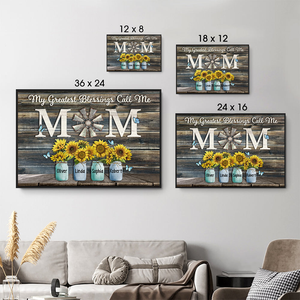 Personalized My Greatest Blessings Call Me Mom poster, size options shown on a sofa wall
