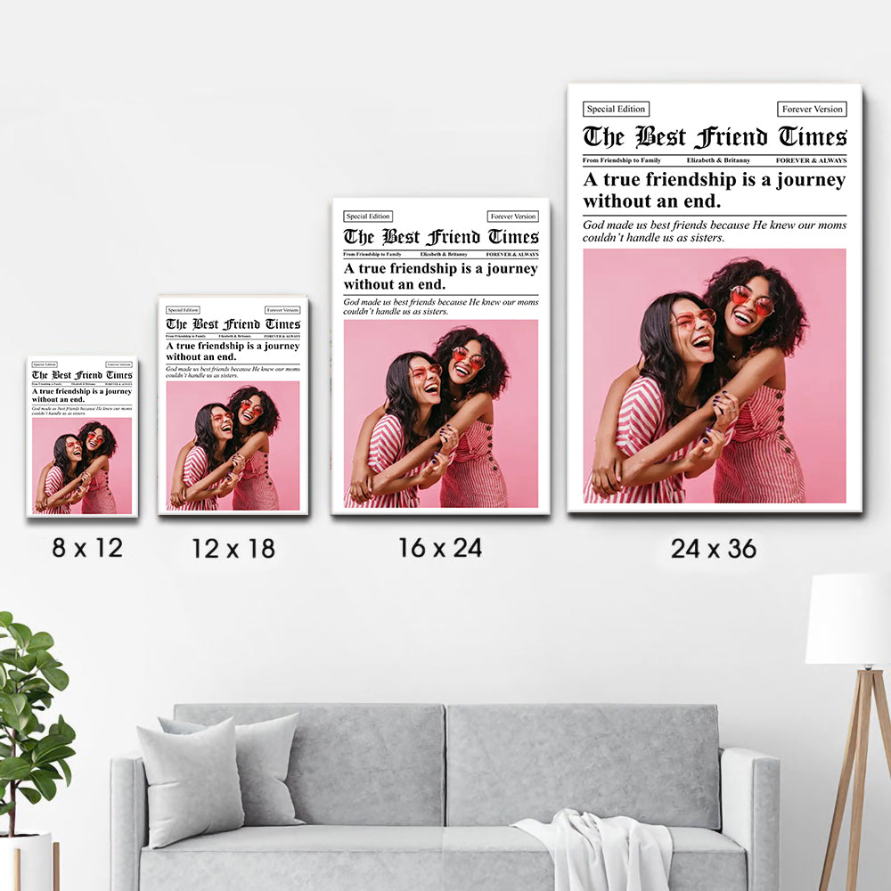 Custom Photo Newspaper The BFF Times poster, size options shown on a sofa wall