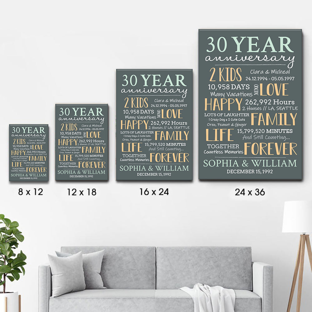 Personalized 30-Year Milestone Anniversary Couple canvas print, size options shown on a sofa wall