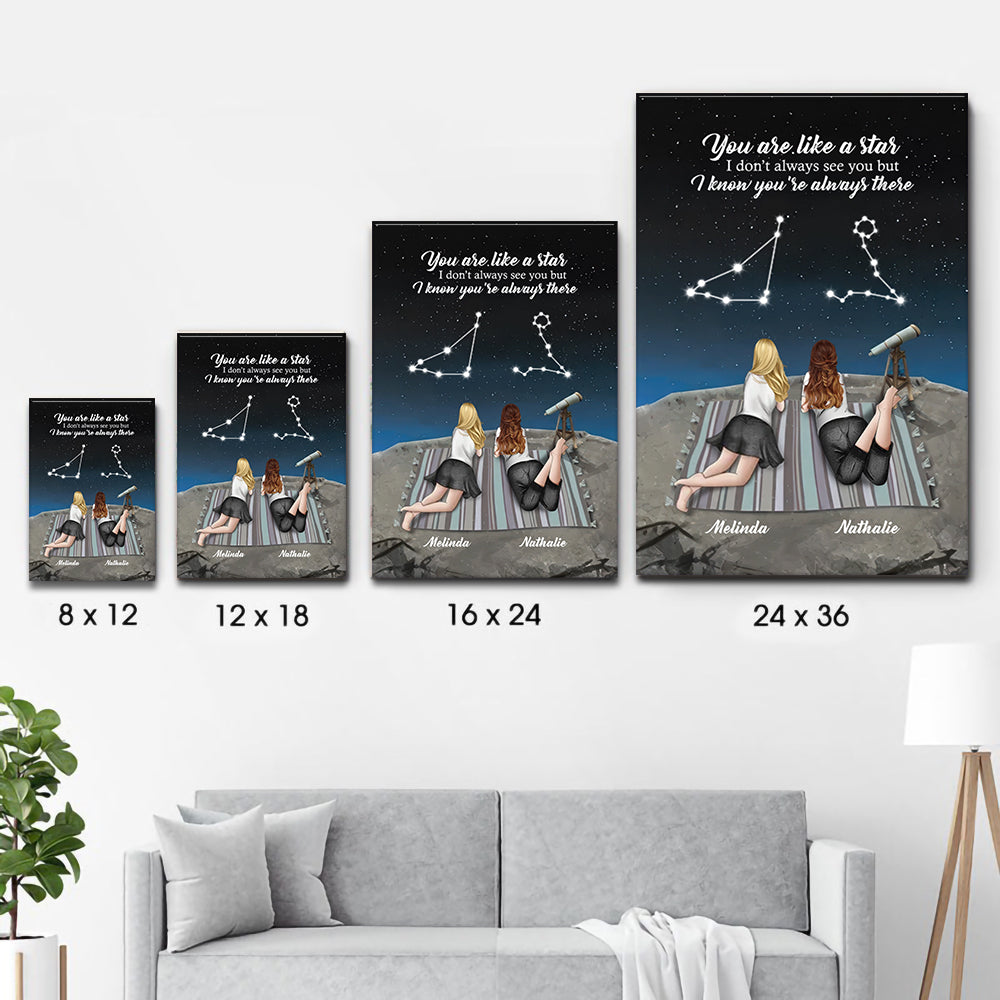 Personalized To My Bestie poster, size options shown on a sofa wall