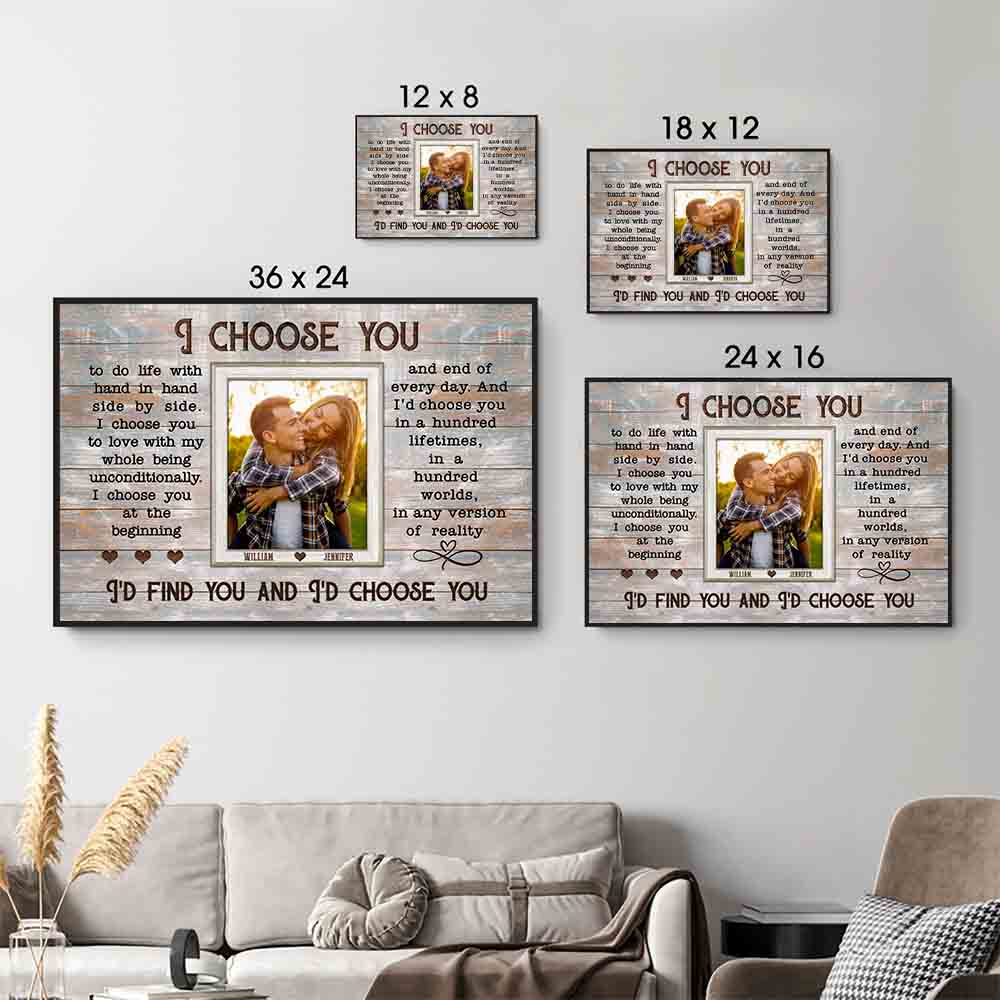 Couple's Custom Photo Wall Decor: Personalized "I Choose You" Canvas poster, size options shown on a sofa wall