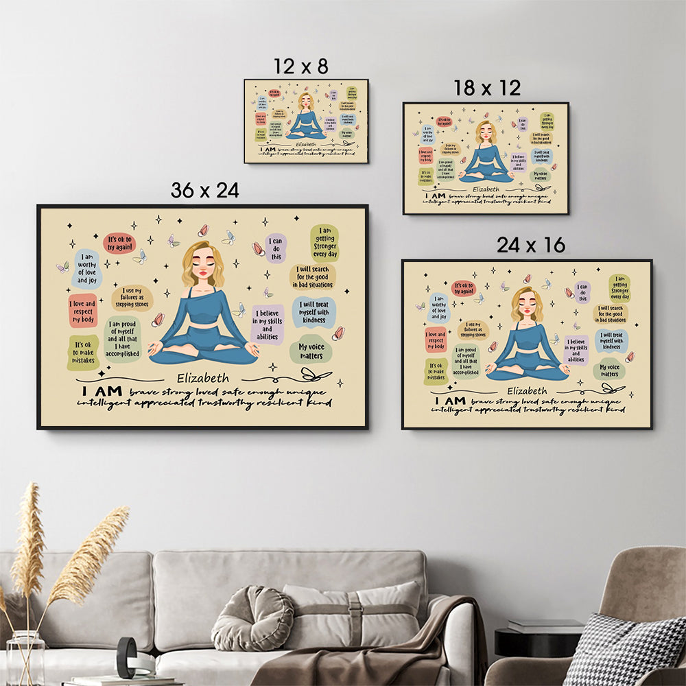 Personalized I Am Brave Strong Loved poster, size options shown on a sofa wall