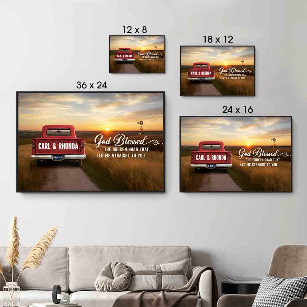 Wife or Husband's Personalized Canvas: "God Blessed The Broken Road" poster, size options shown on a sofa wall