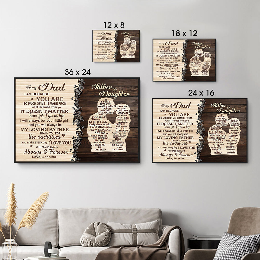 Personalized To My Dad From Daughter canvas print, size options shown on a sofa wall