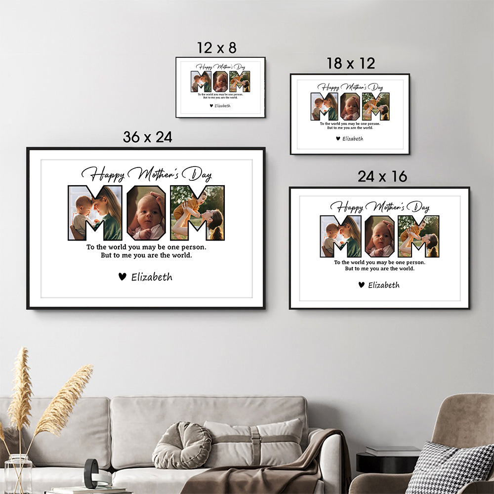 Custom Photo Happy Mother's Day To Mom poster, size options shown on a sofa wall