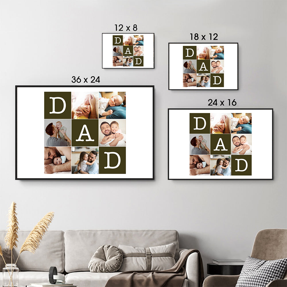 Custom Photo Father's Day Collage poster, size options shown on a sofa wall