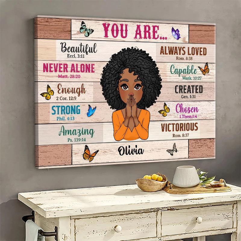 Personalized You Are Beautiful Woman canvas print, leaning against a wall on a wooden floor