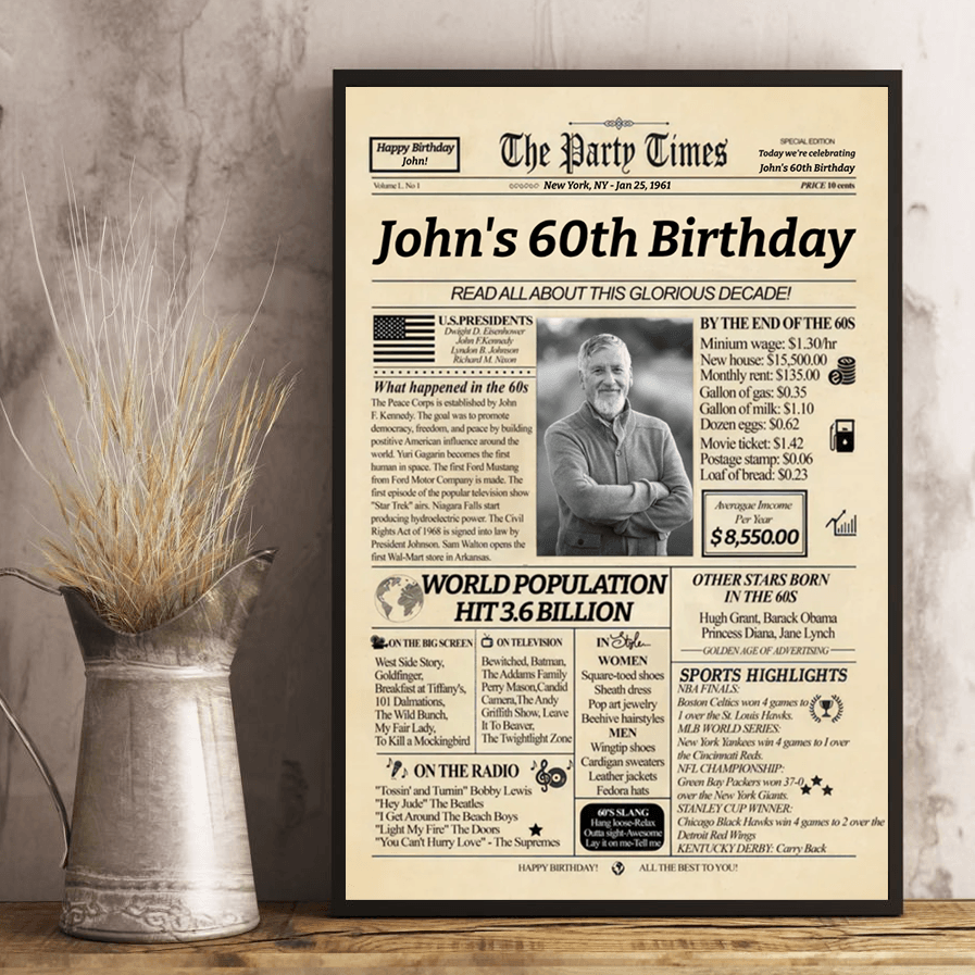Personalized Funny Birthday Gift Ideas for 40th 50th 60th 70th canvas print, leaning against a wall on a wooden floor