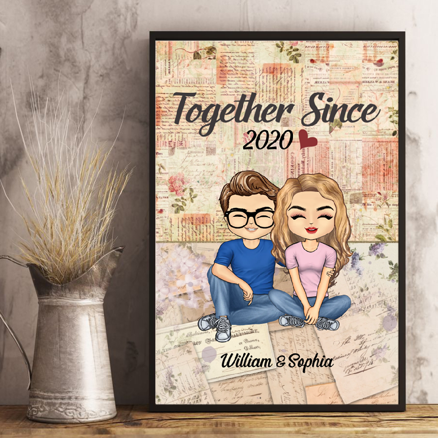 Personalized Together Since Husband Wife poster, leaning against a wall on a wooden floor