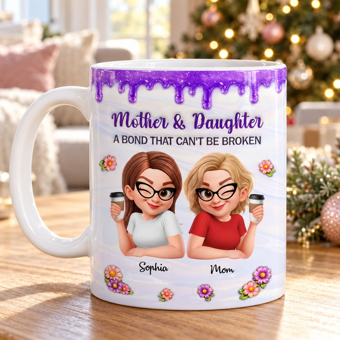 Personalized Mother and Daughter 3D effect mug on a wooden table by a Christmas tree