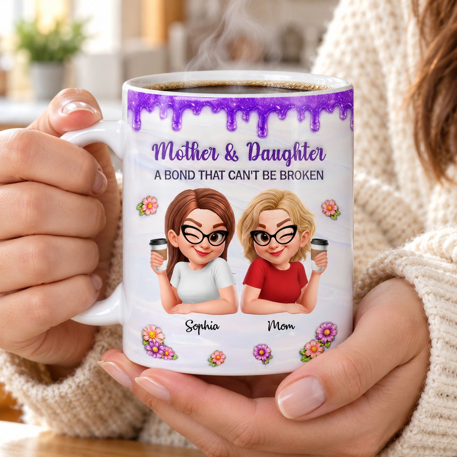 Woman holding steaming personalized Mother and Daughter ceramic coffee mug