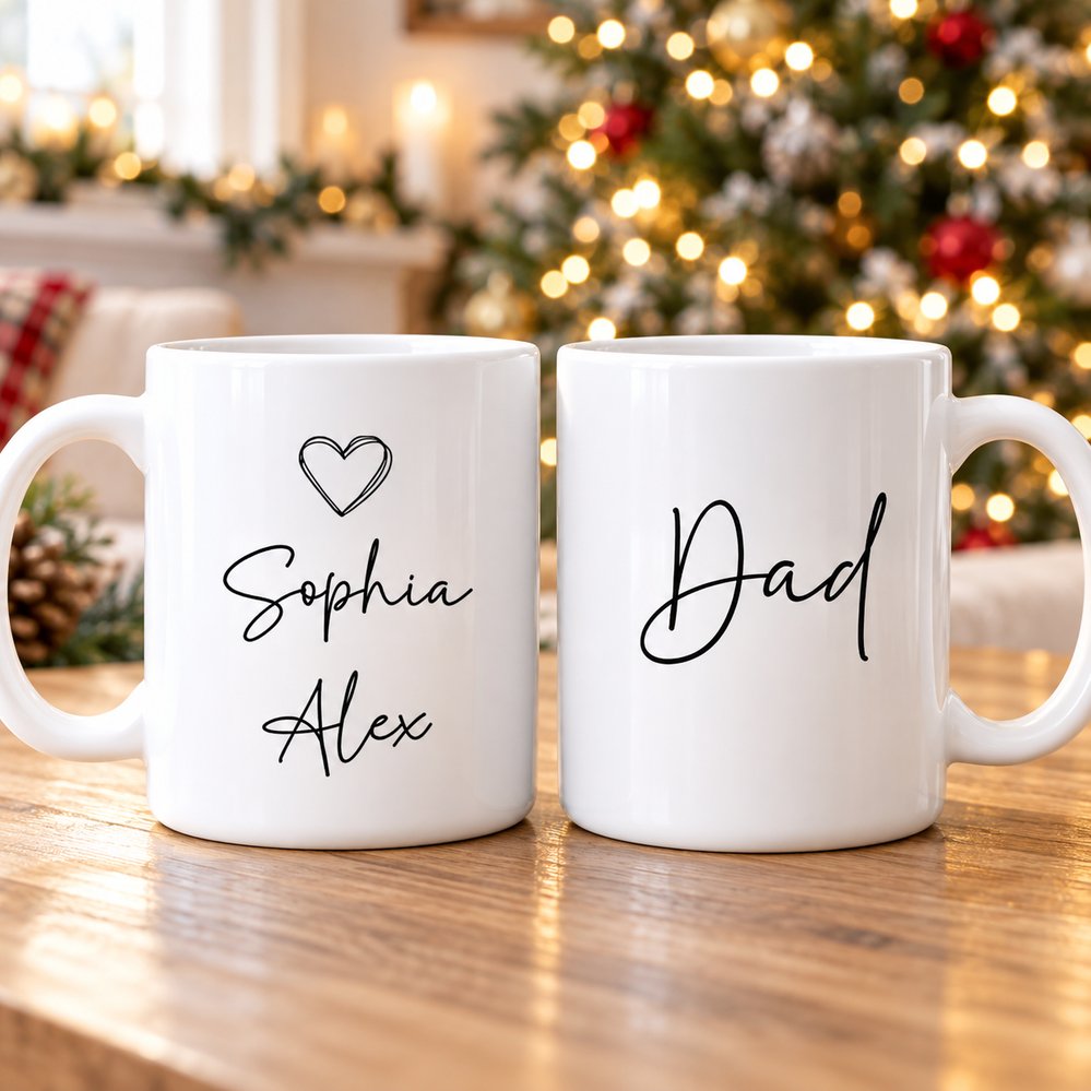 Personalized Dad mug with kid names Sophia and Alex on wooden table by Christmas tree