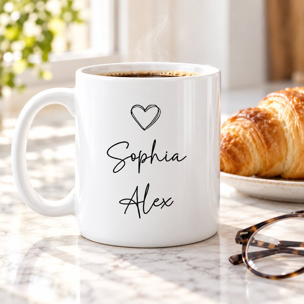 Personalized kid names ceramic mug next to reading glasses and croissant for size scale