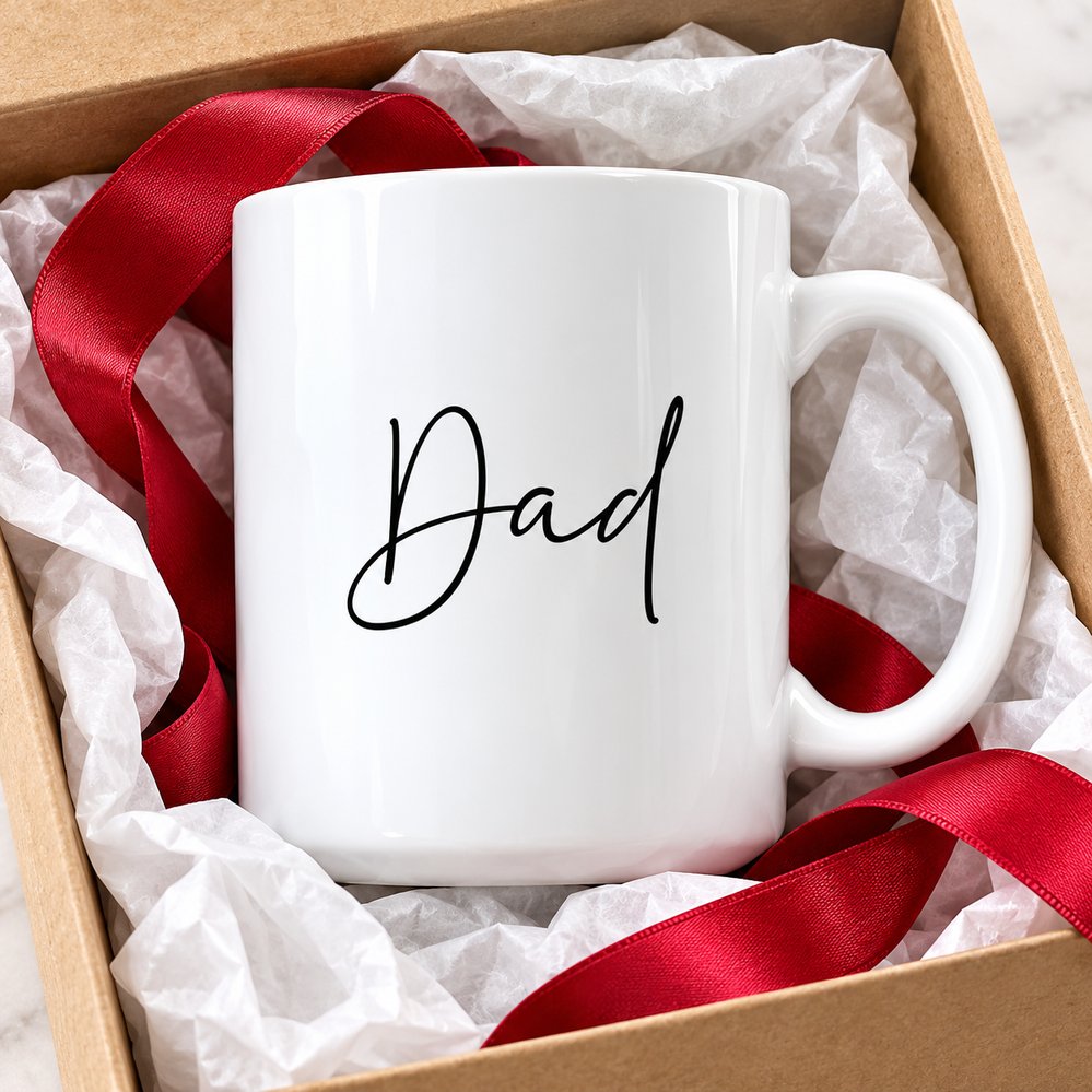 Custom Dad ceramic mug inside holiday gift box with white tissue paper and red ribbon