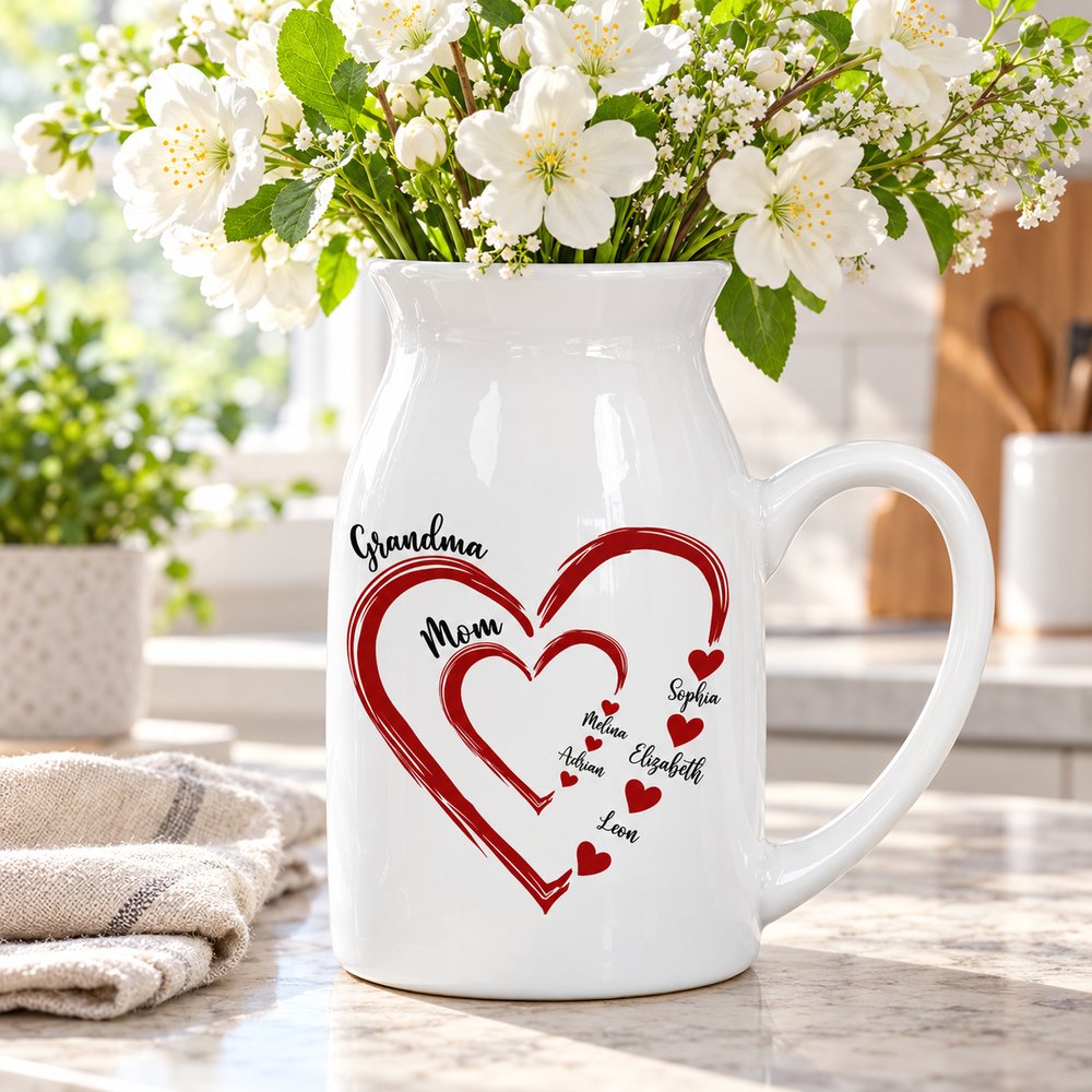 Personalized Grandma Mom heart ceramic vase displayed on a bright kitchen counter