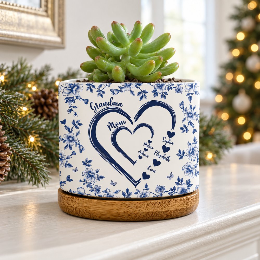 Personalized Mom Grandma ceramic plant pot on a festive holiday mantel with succulent