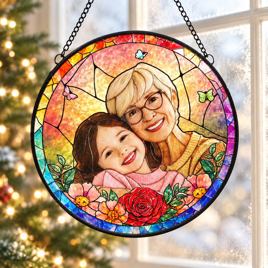 Custom Mom and Grandma stained glass suncatcher hanging near a Christmas tree in holiday home