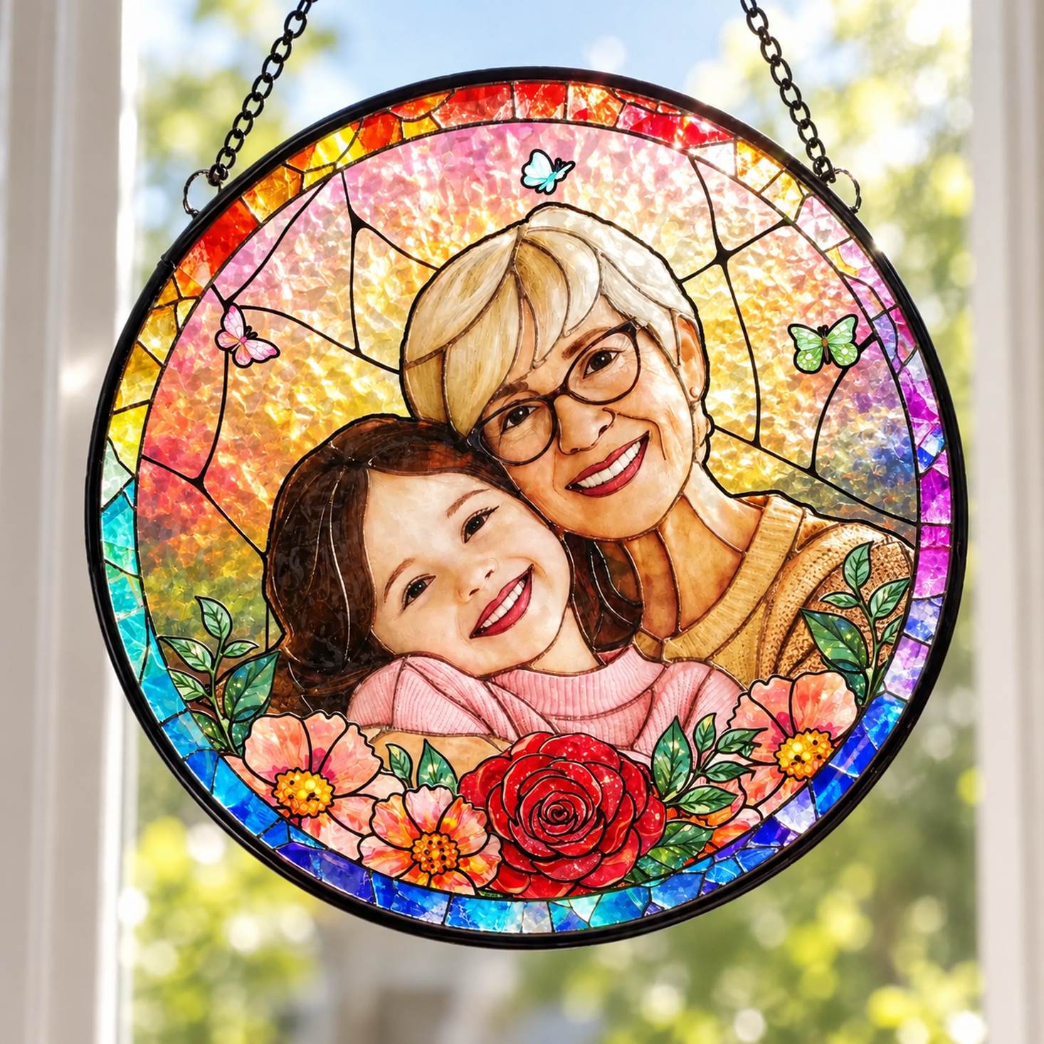 Close up detail of textured stained glass suncatcher showing red rose print and black metal frame