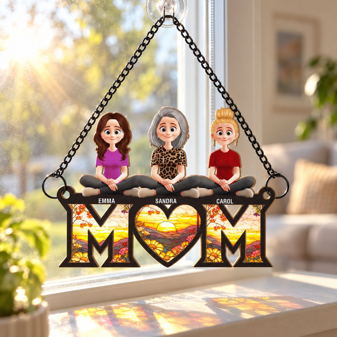 Personalized Mom suncatcher ornament hanging on sunlit window casting colorful reflections