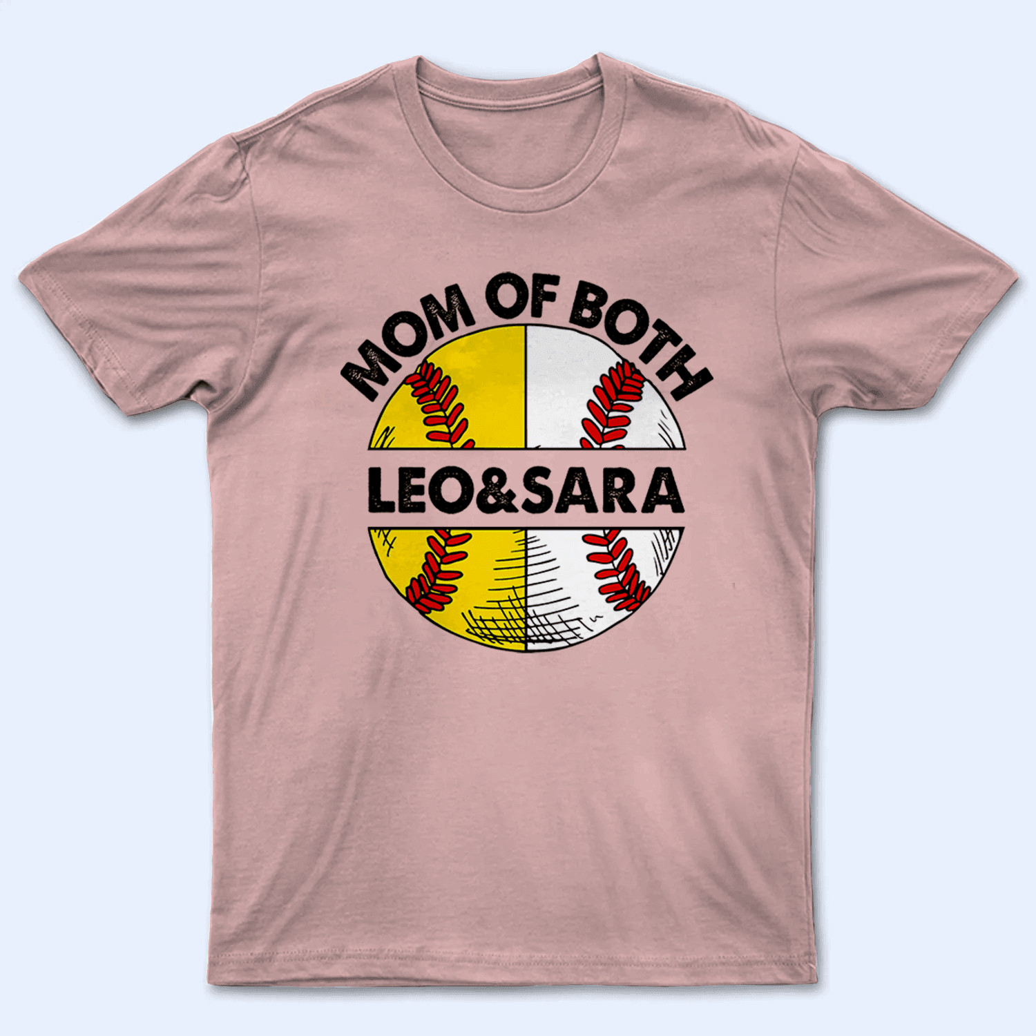Mom of Both - 2 Sports Ball Design - Baseball/ Softball Cheers Personalized Custom T Shirt - Birthday, Loving, Funny Gift for Grandma/Nana/Mimi, Mom, Wife, Grandparent - Suzitee Store