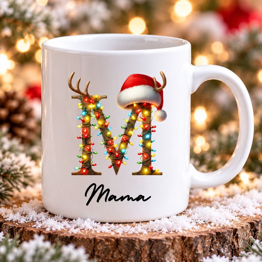 Close up detail of reindeer monogram print and Mama script on white ceramic mug