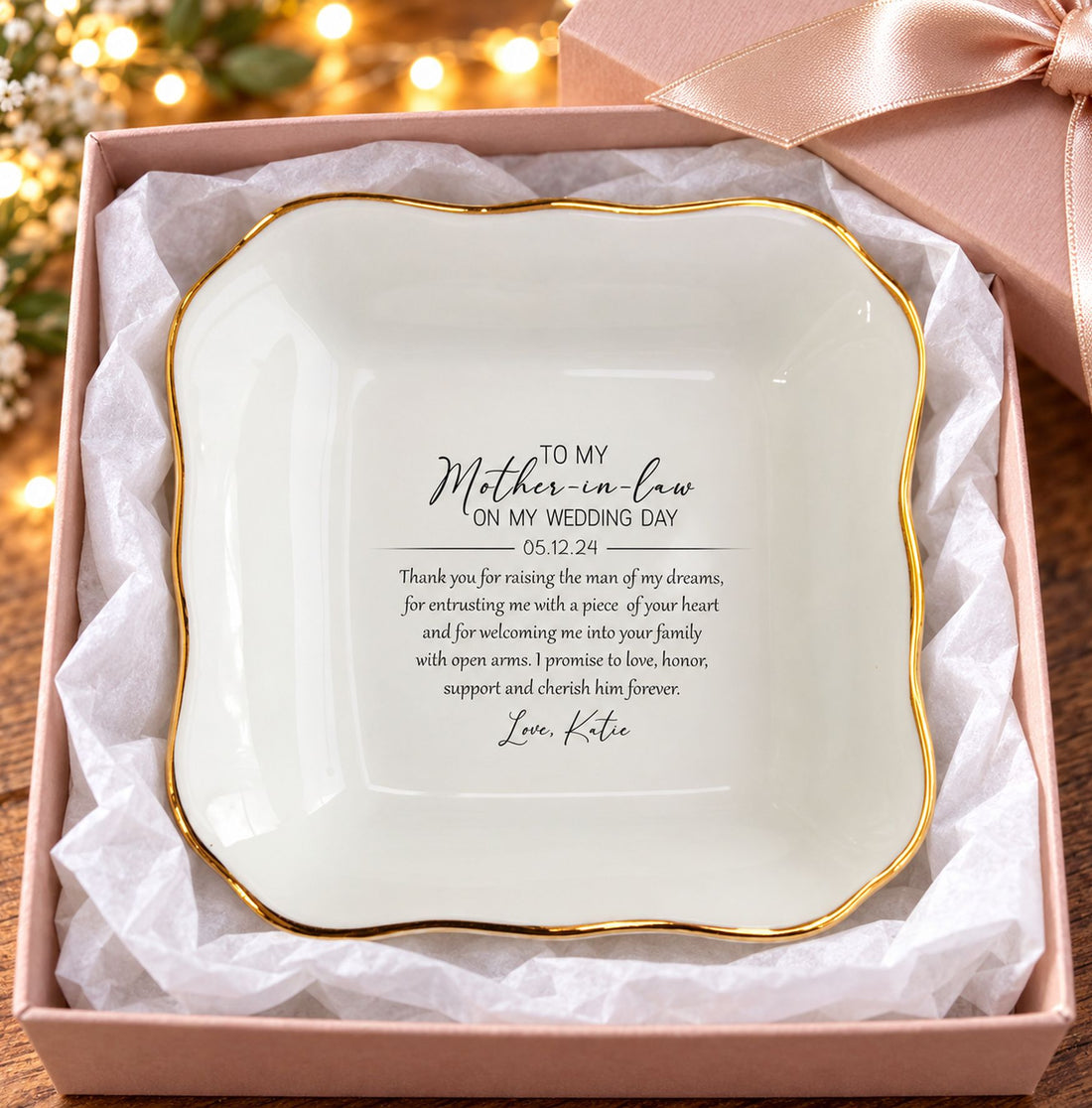Mother-in-Law wedding gift trinket tray presented in an open gift box with satin ribbon