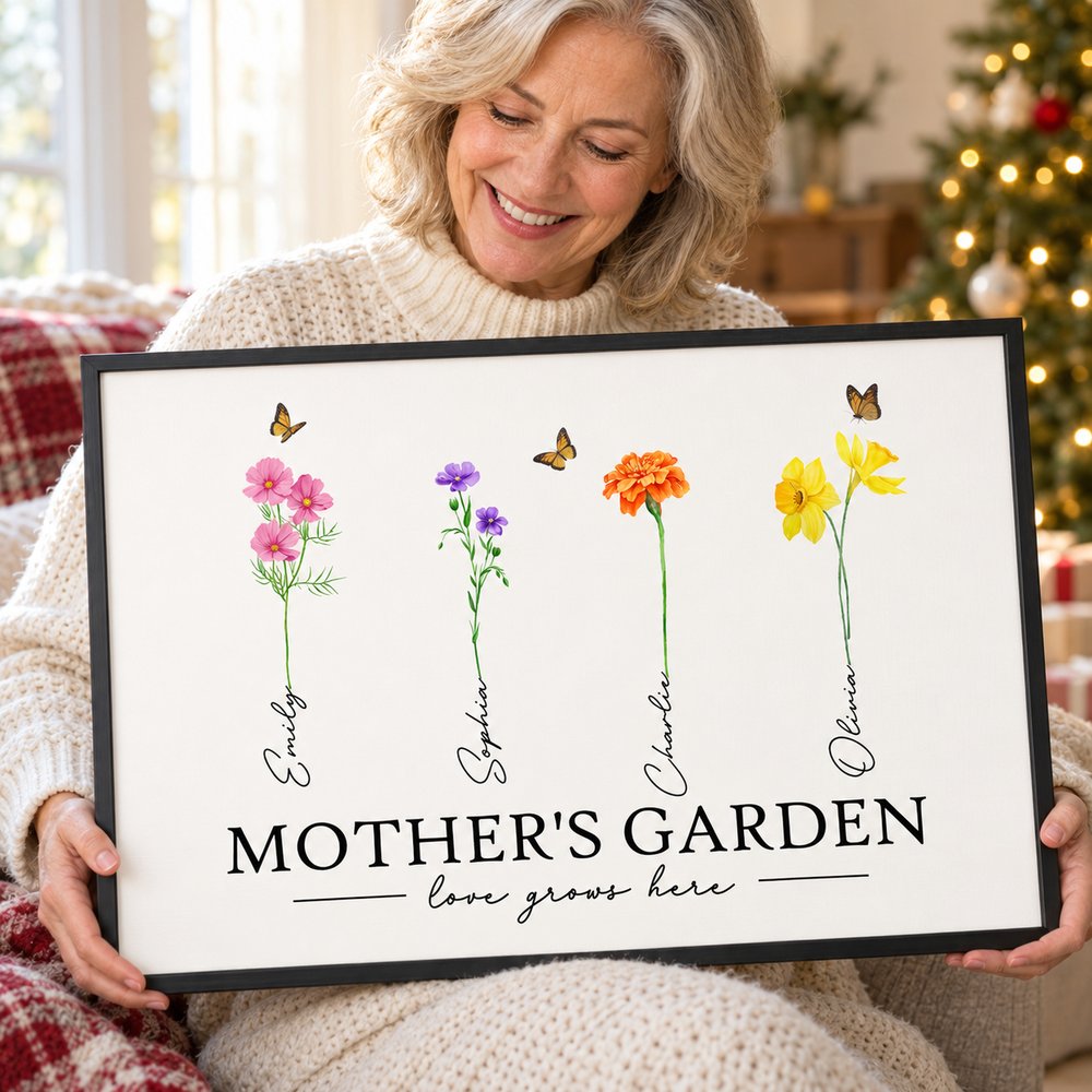 Smiling mom holding her personalized Mothers Garden watercolor birth month flower framed wall art gift