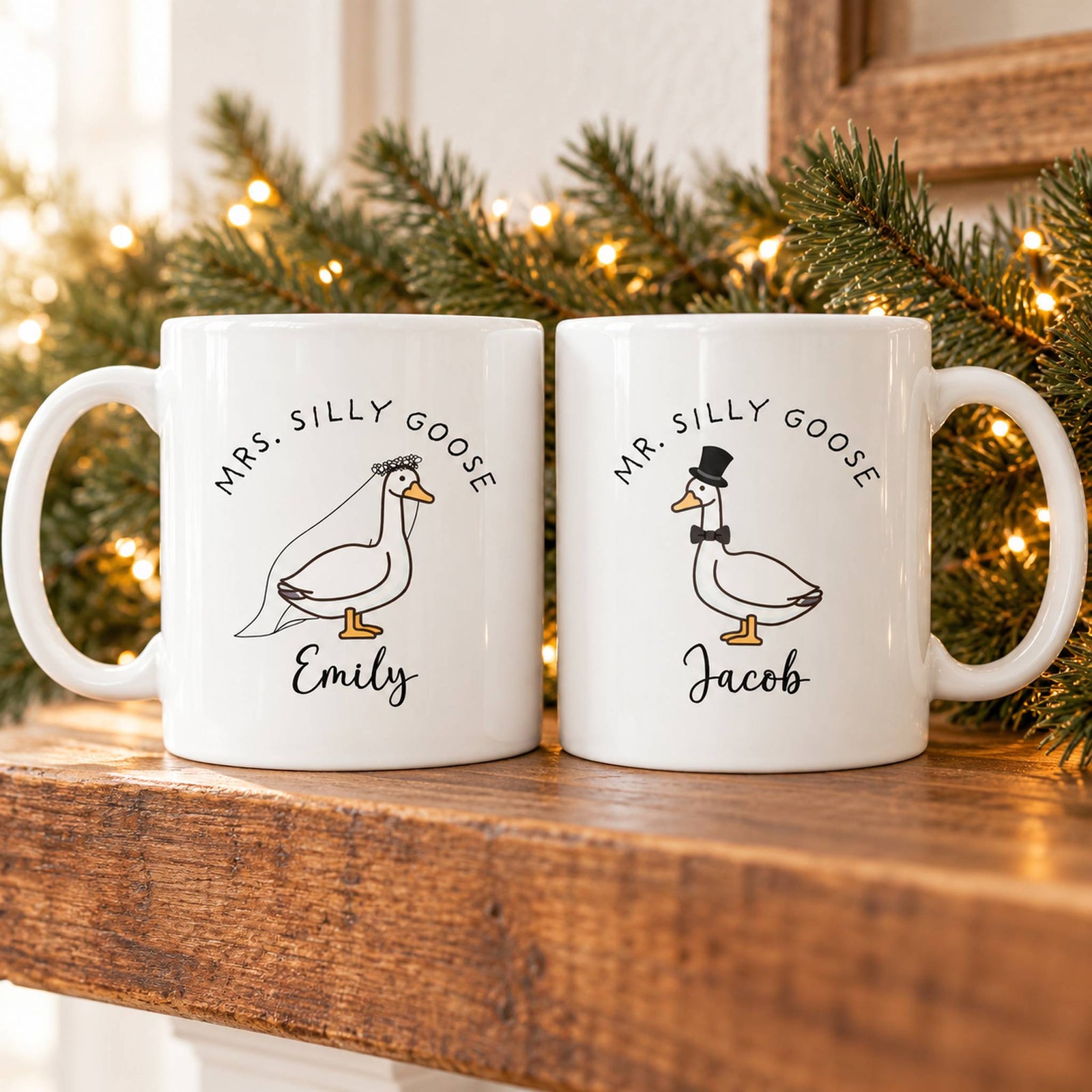 Custom Mr and Mrs Silly Goose wedding mugs on a holiday mantelpiece with pine garland