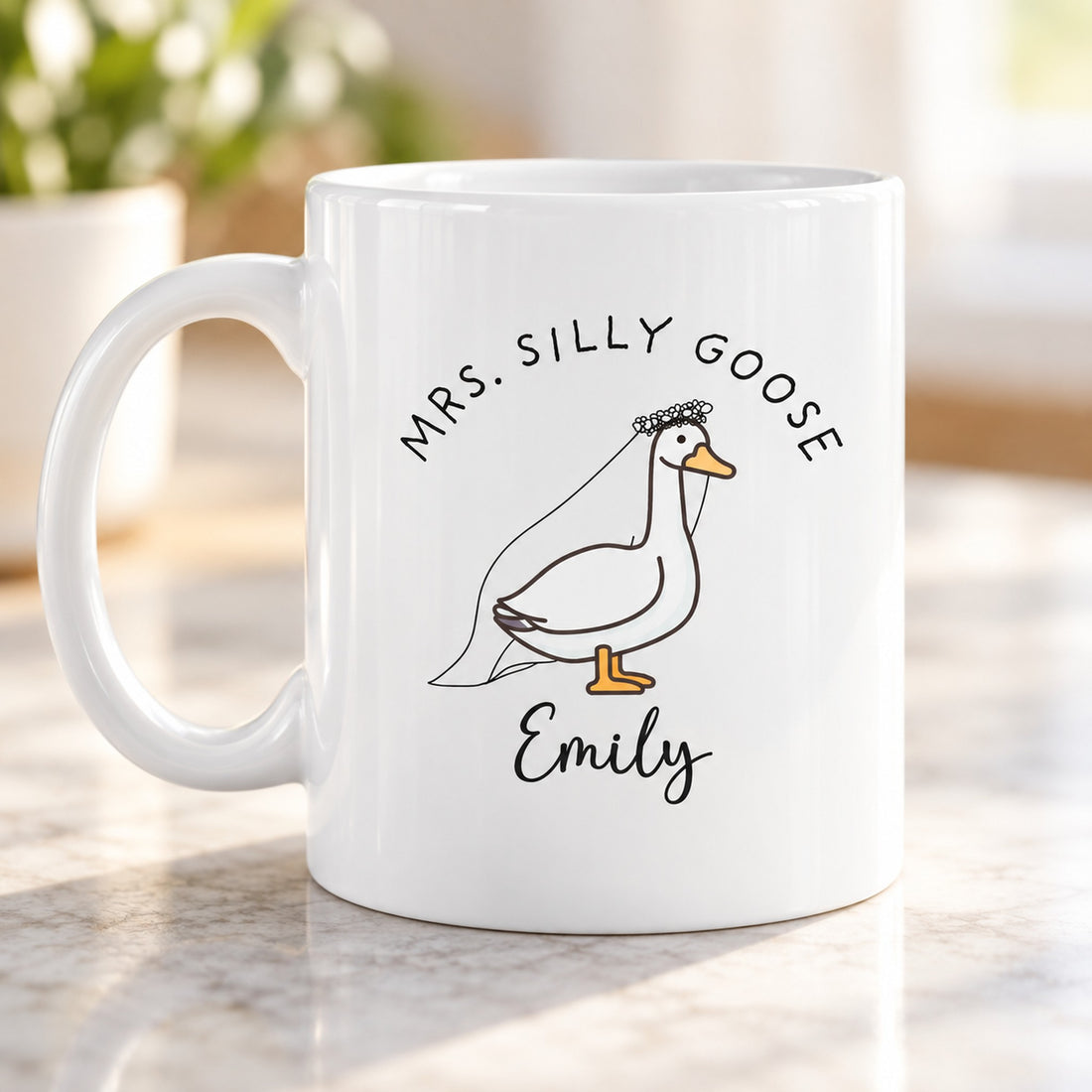 Close up detail of Mrs Silly Goose Emily custom newlywed mug ceramic print