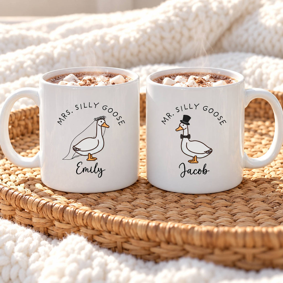Mr and Mrs Silly Goose custom couple mugs on a cozy morning breakfast tray