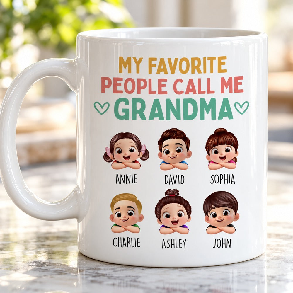 Close-up detail of the glossy ceramic print on the personalized Grandma mug