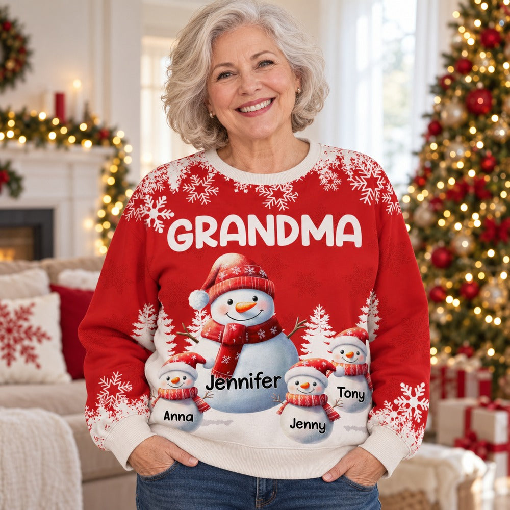 Grandma wearing personalized snowman family Christmas ugly sweater in festive living room