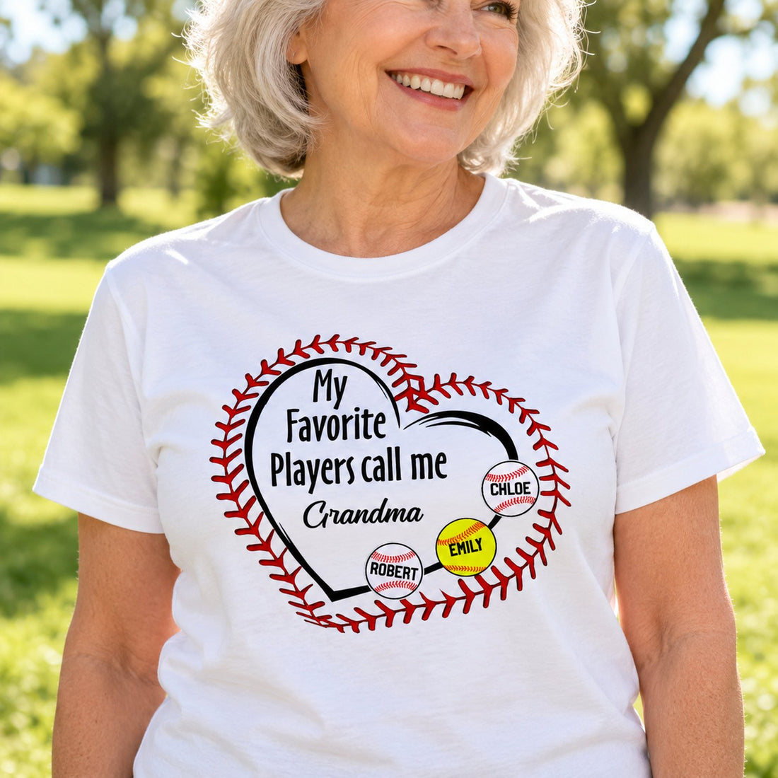 Grandma wearing personalized My Favorite Players Call Me Grandma baseball t-shirt outdoors