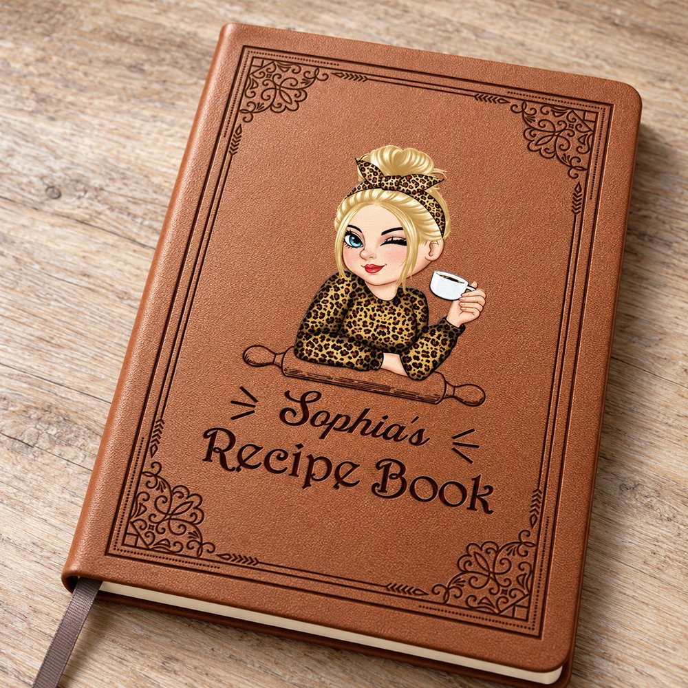 Close-up detail of the engraved leather texture and printed character on the recipe journal