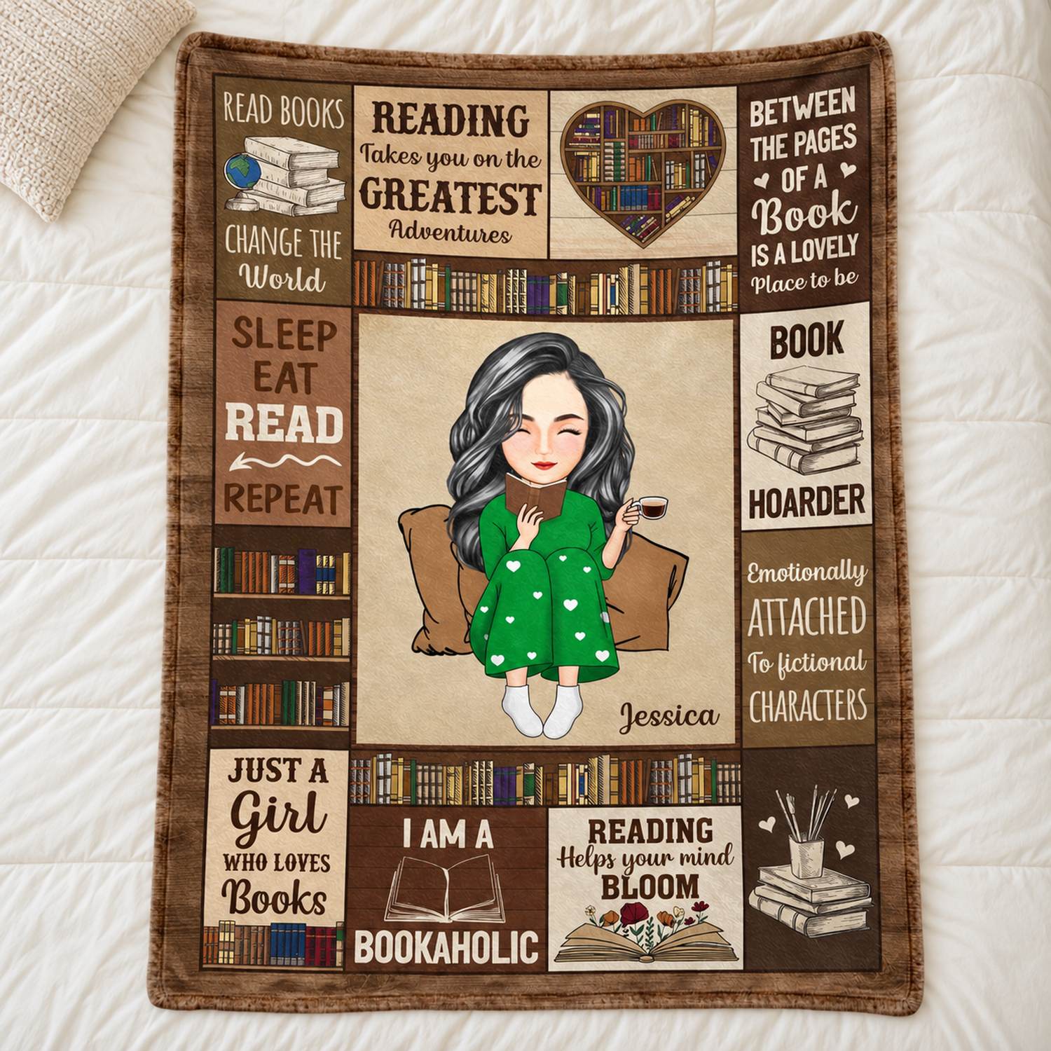 Personalized reading blanket for book lovers spread flat on a cozy bed showing full bookshelf patchwork design