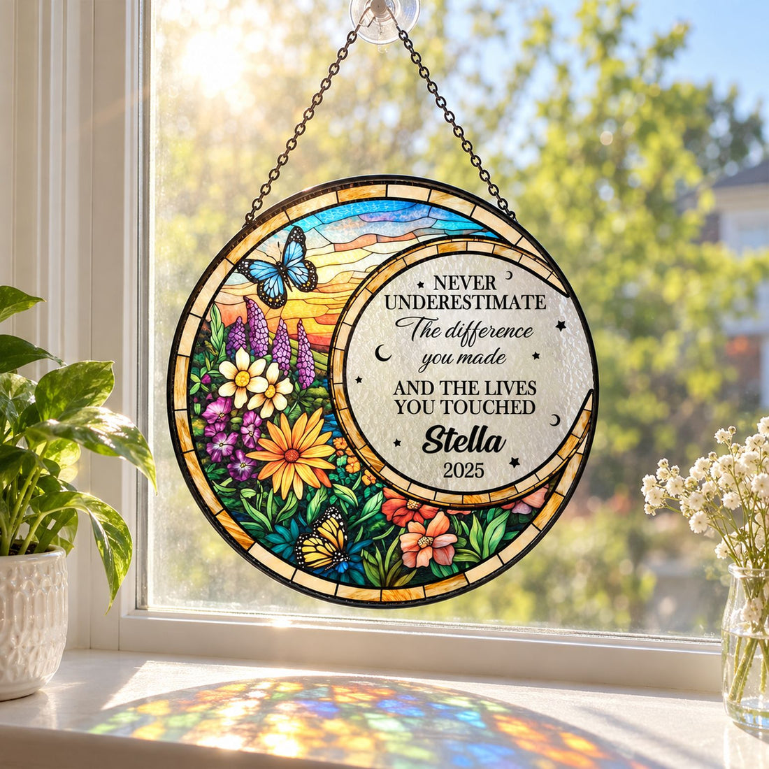 Personalized stained glass retirement suncatcher hanging in a bright sunlit living room window