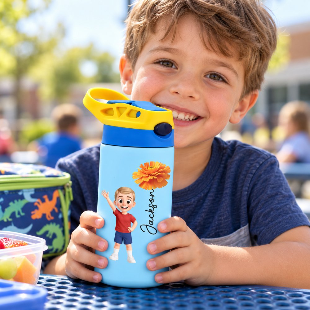 Young boy holding personalized Jackson kids insulated water bottle at a school picnic table