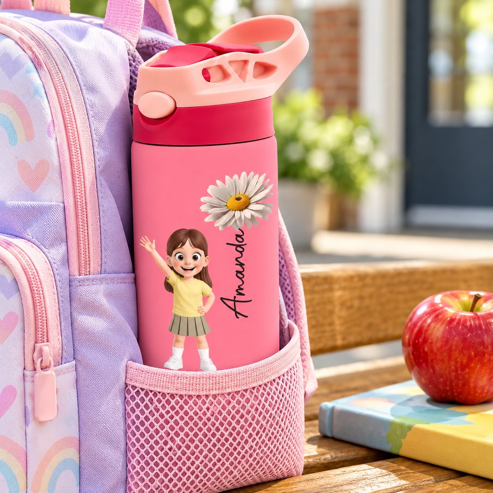 Personalized Amanda kids water bottle in a backpack side pocket next to an apple and book for scale