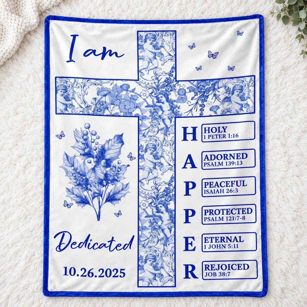 Personalized baby dedication blanket spread flat on a bright nursery floor